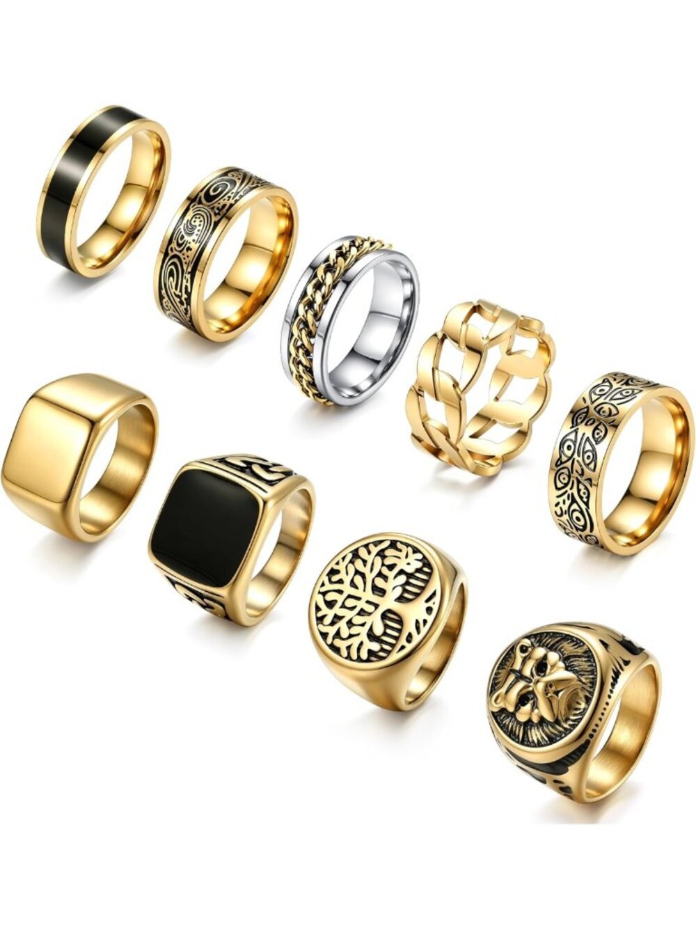 9Pcs Vintage Stainless Steel Signet Rings Set for Men, Sizes 7-13, Stylish
